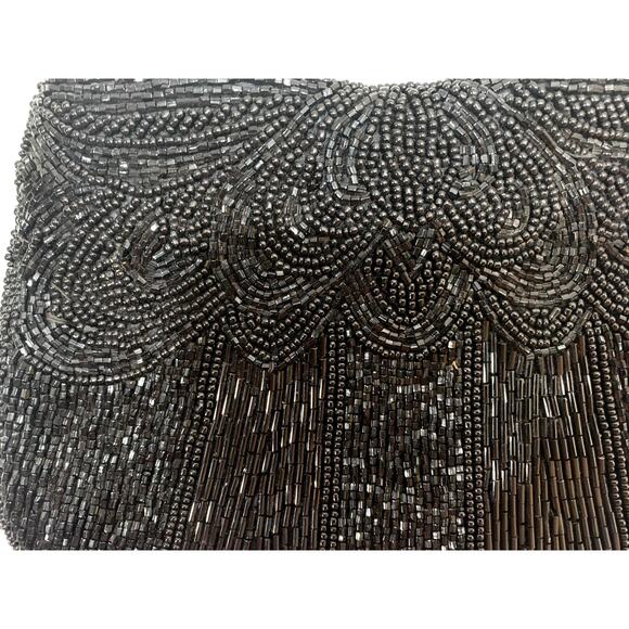80s does 40s Black Beaded Silk Evening Bag | Small Clutch with Glass Beads - Picture 4 of 11